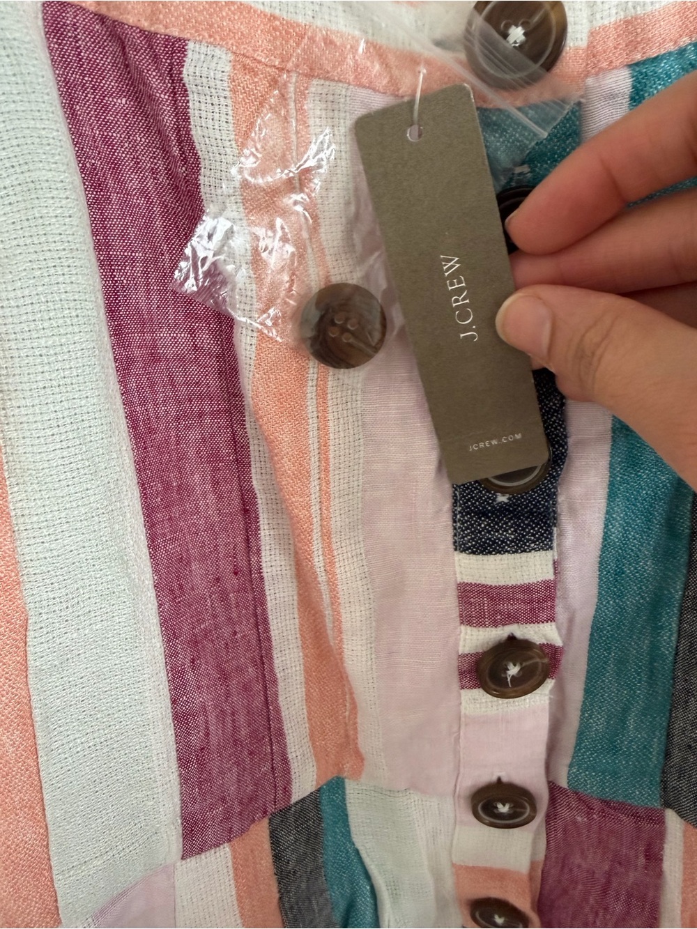 J. Crew Linen Summer Dress Midi Button-up Multicolor Mixed Stripe Ruffle NWT - Picture 7 of 12